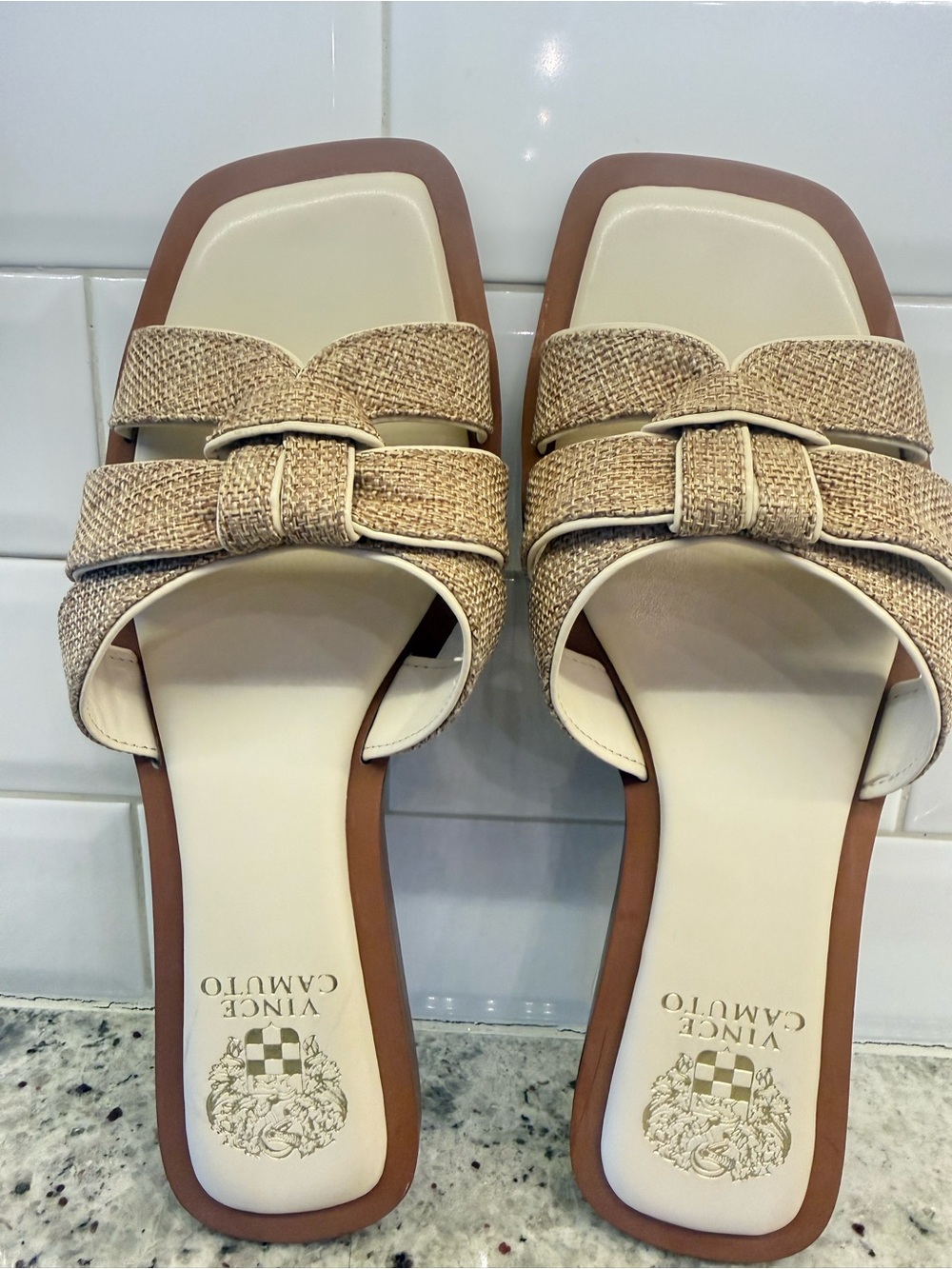 Vince Camuto Cream Woven Slide Mules with Tan Trim